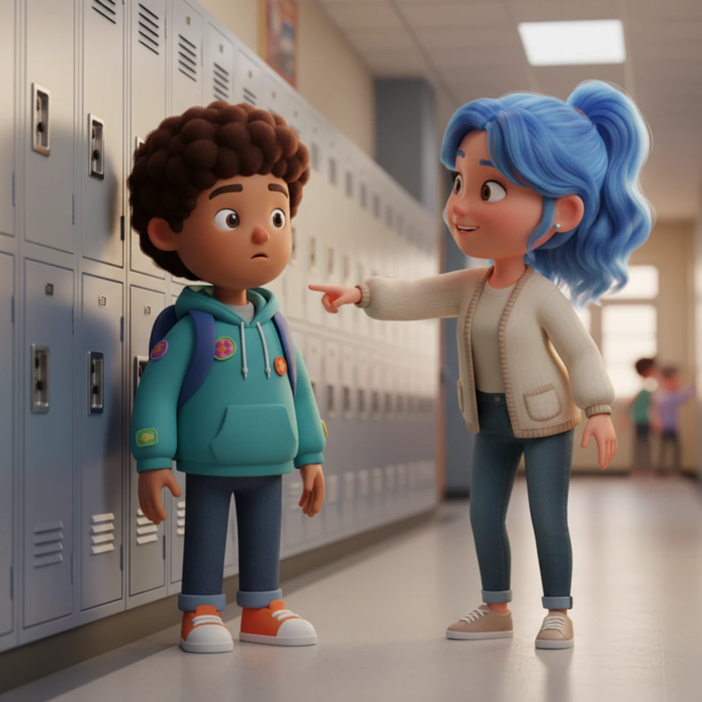 Lost and slightly overwhelmed, Jake paused by a row of lockers, unsure which way to turn. Suddenly, a friendly senior with vibrant blue hair noticed his confusion. She pointed him towards his classroom with a reassuring smile, her simple act of kindness immediately easing his tension and making the vast school feel a little less daunting.