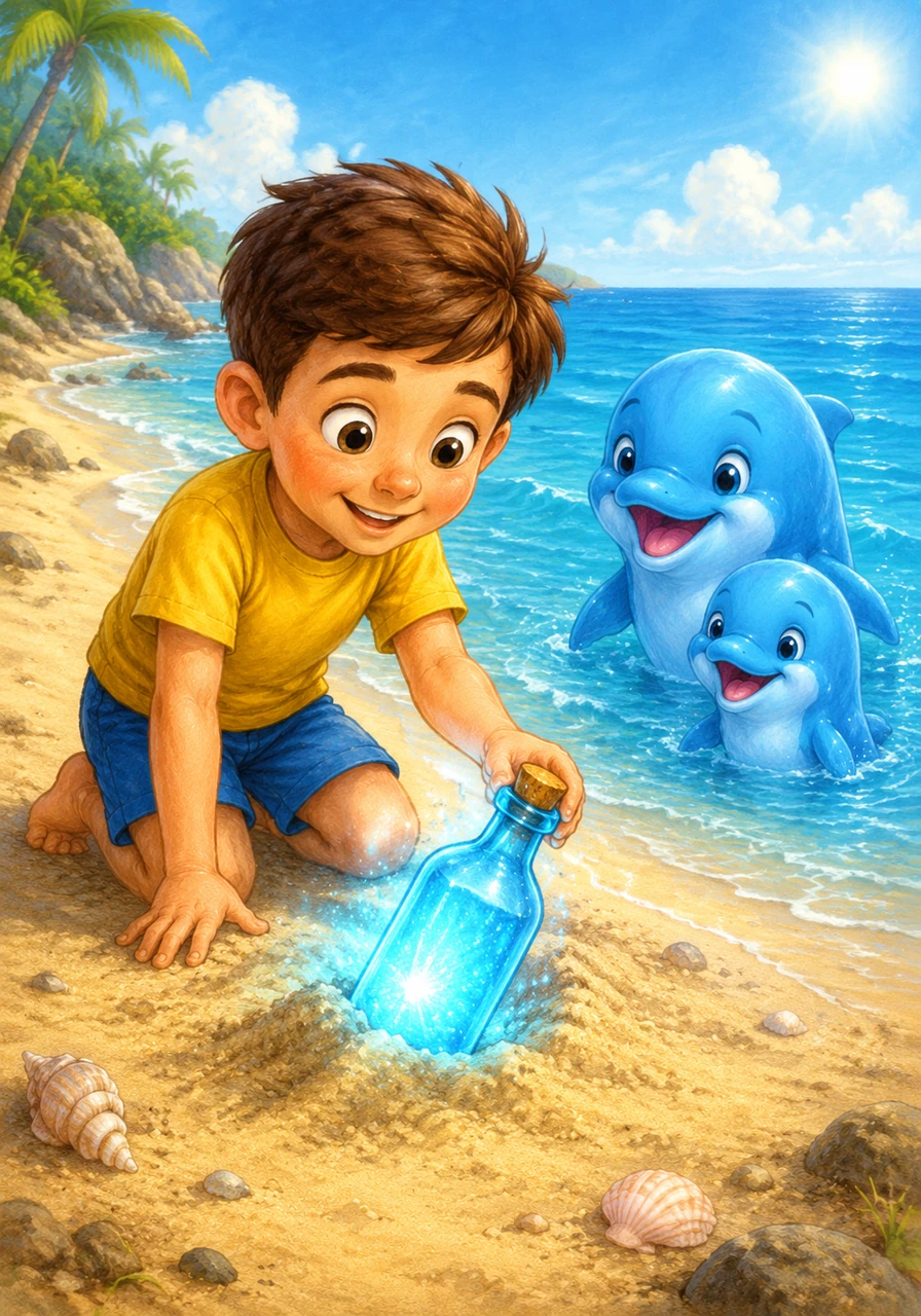 One sunny morning, Sam found something magical half-buried in the sand. It was a glowing blue bottle that shimmered with a mysterious, soft light.
