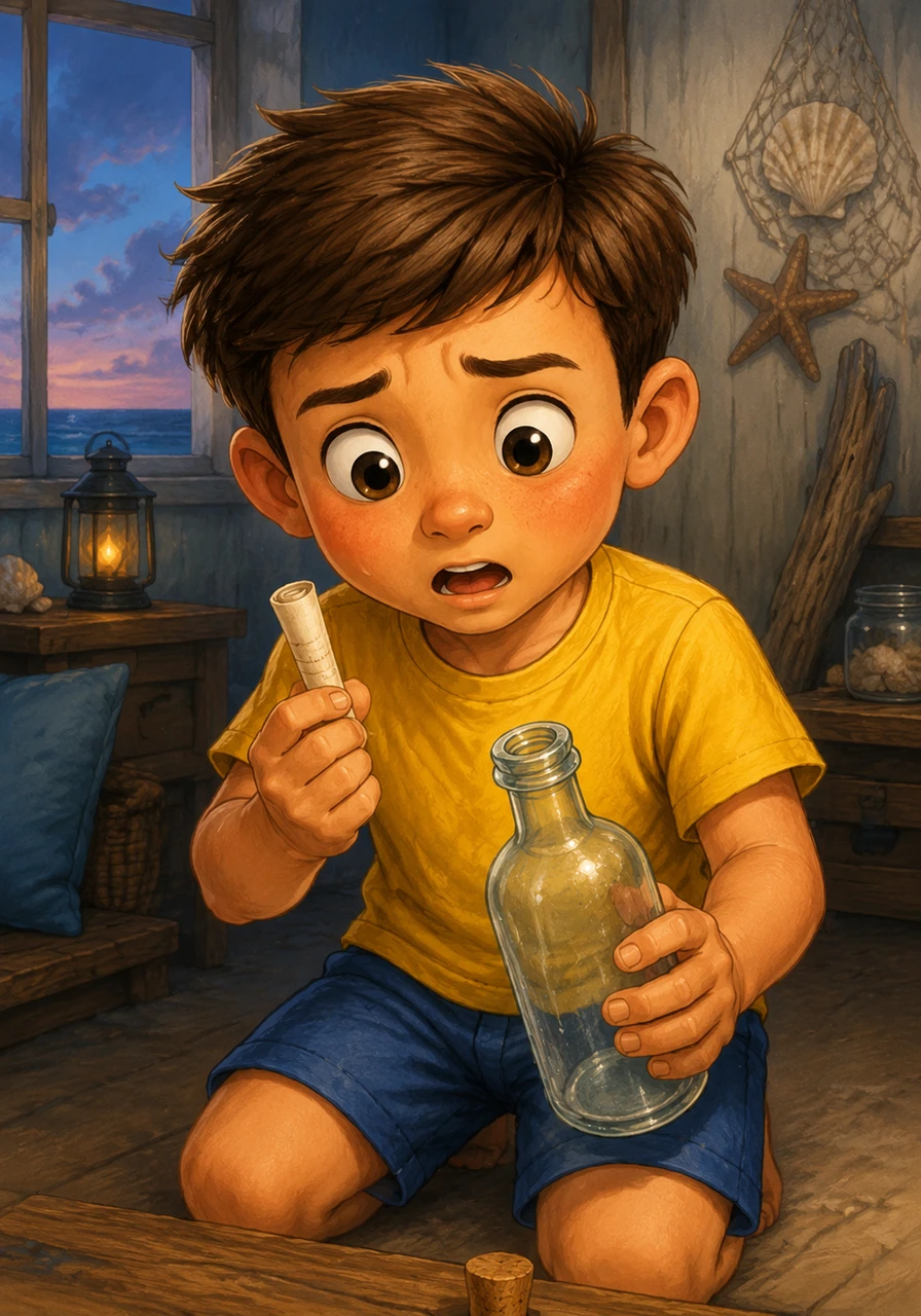 Inside the bottle was a tiny message that said, “Help! The sea dolphin is lost in the coral cave!” Sam’s heart raced as he realized a sea friend needed his help.