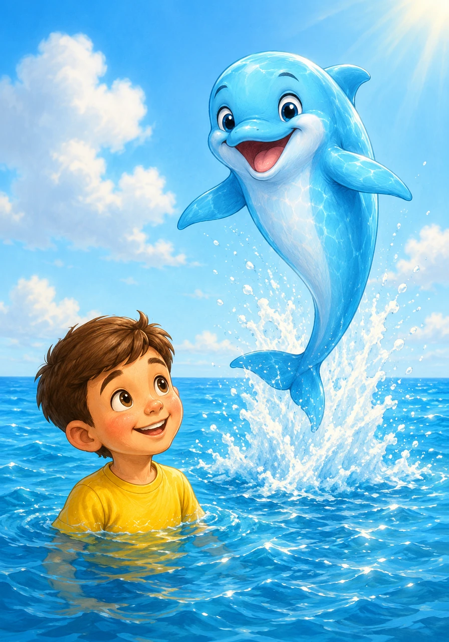 Suddenly, a friendly light-blue dolphin jumped high out of the sparkling ocean waves. It landed with a joyful splash and looked at Sam with kind, intelligent eyes.