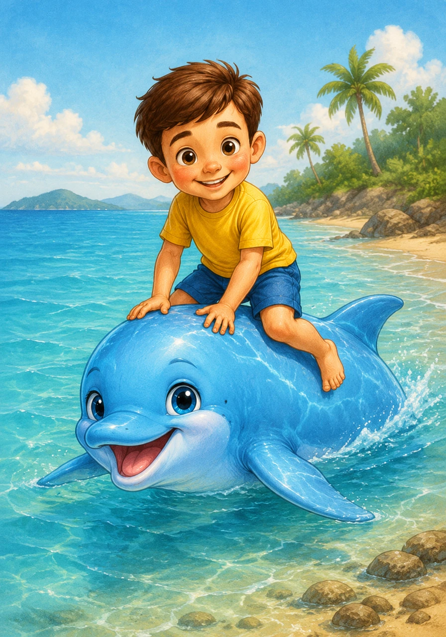 “I will help you find your friend,” Sam said bravely to the dolphin. The dolphin swam close to the shore, and Sam gently climbed onto its smooth, cool back.