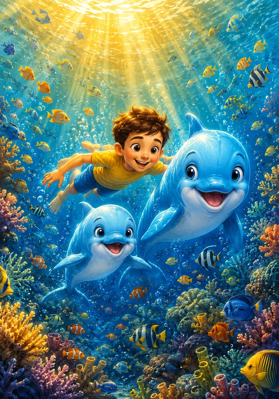 They swam deep into the ocean where the sun’s rays turned the water into liquid gold. Colorful fish swirled around them like dancing stars as they journeyed through the coral reefs.