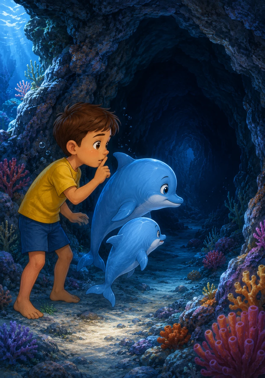 Soon, they reached the entrance of a dark and mysterious coral cave. Sam whispered that it was very quiet here as they peered carefully into the dim blue light.