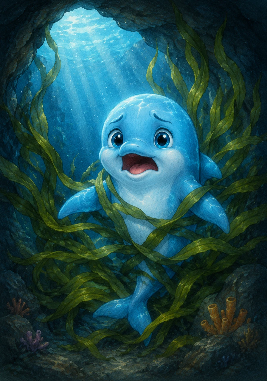 Inside the cave, a small baby dolphin was gently stuck behind some thick sea plants. It let out a soft cry, looking very worried and lonely in the shadows.