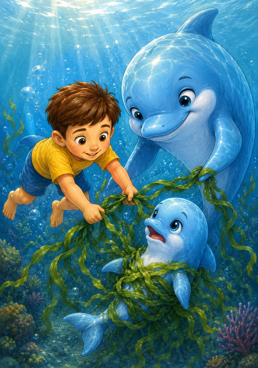 “Don’t worry, we will get you out!” Sam said as he reached out to help. Together, Sam and the big dolphin carefully pulled away the seaweed until the baby was finally free.