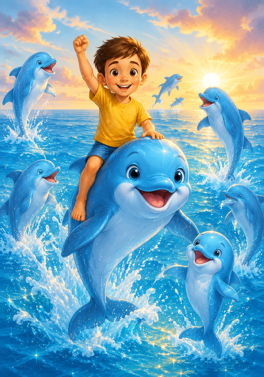 All the dolphins celebrated with leaps and whistles in the glowing water. Sam smiled happily on the dolphin's back, knowing he would always be a true hero of the sea.