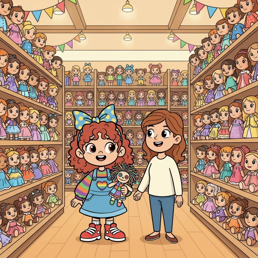 אמא ושִׁיר נכנסות לחנות הצעצועים הצבעונית. מדפים מלאים בבובות מכל הסוגים, עם שמלות יפות ועיניים נוצצות. שִׁיר מחייכת, עיניה בוחנות את כל הבובות.