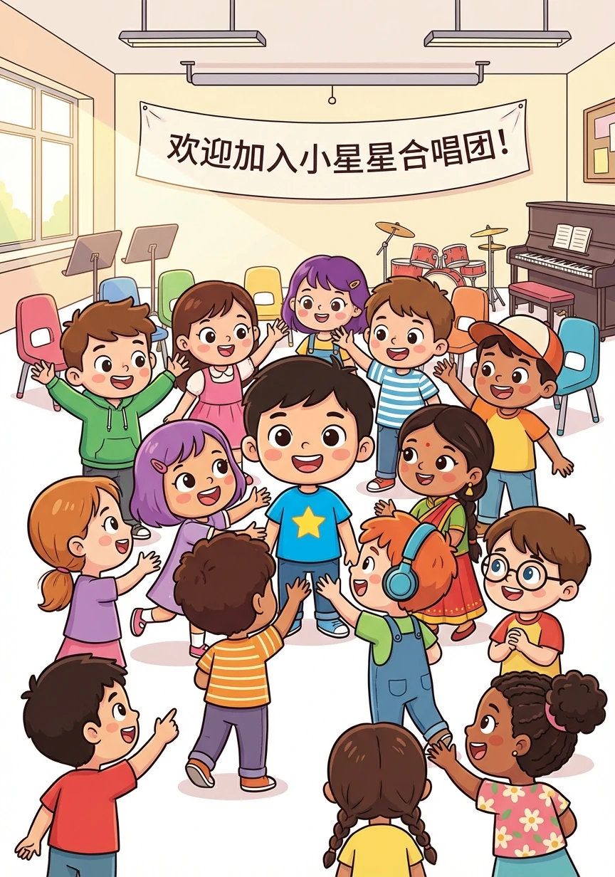 在一个阳光明媚的下午,小乐第一次来到了小星星合唱团的排练室。这里充满了欢声笑语,来自世界各地的小朋友们正在热烈地讨论着。Aiden, Ava, Juna, Oliver, Wesley, Kavya, Vesper, Hugo, Lucas, Thomas, Tala和Eartha都热情地欢迎着小乐的加入。