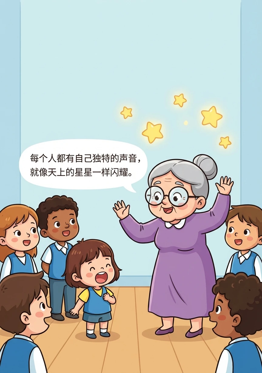 合唱团的指挥老师是一位慈祥的老奶奶,她告诉孩子们,每个人都有自己独特的声音,就像天上的星星一样闪耀。她鼓励大家勇敢地表达自己,用歌声传递快乐和友谊。