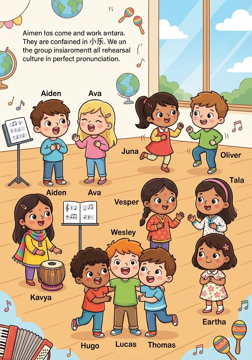 排练开始了,孩子们一起练习着一首充满异域风情的歌曲。Aiden和Ava的中文发音字正腔圆,Juna和Oliver的节奏感非常棒,Wesley的歌声清脆悦耳。Kavya带来了印度音乐的独特韵律,Vesper和Tala则用她们充满活力的歌声点亮了整个排练室。Hugo, Lucas和Thomas则用他们的歌声增添了西方的独特魅力,而Eartha则用她甜美的声音,让整个合唱团更加和谐。