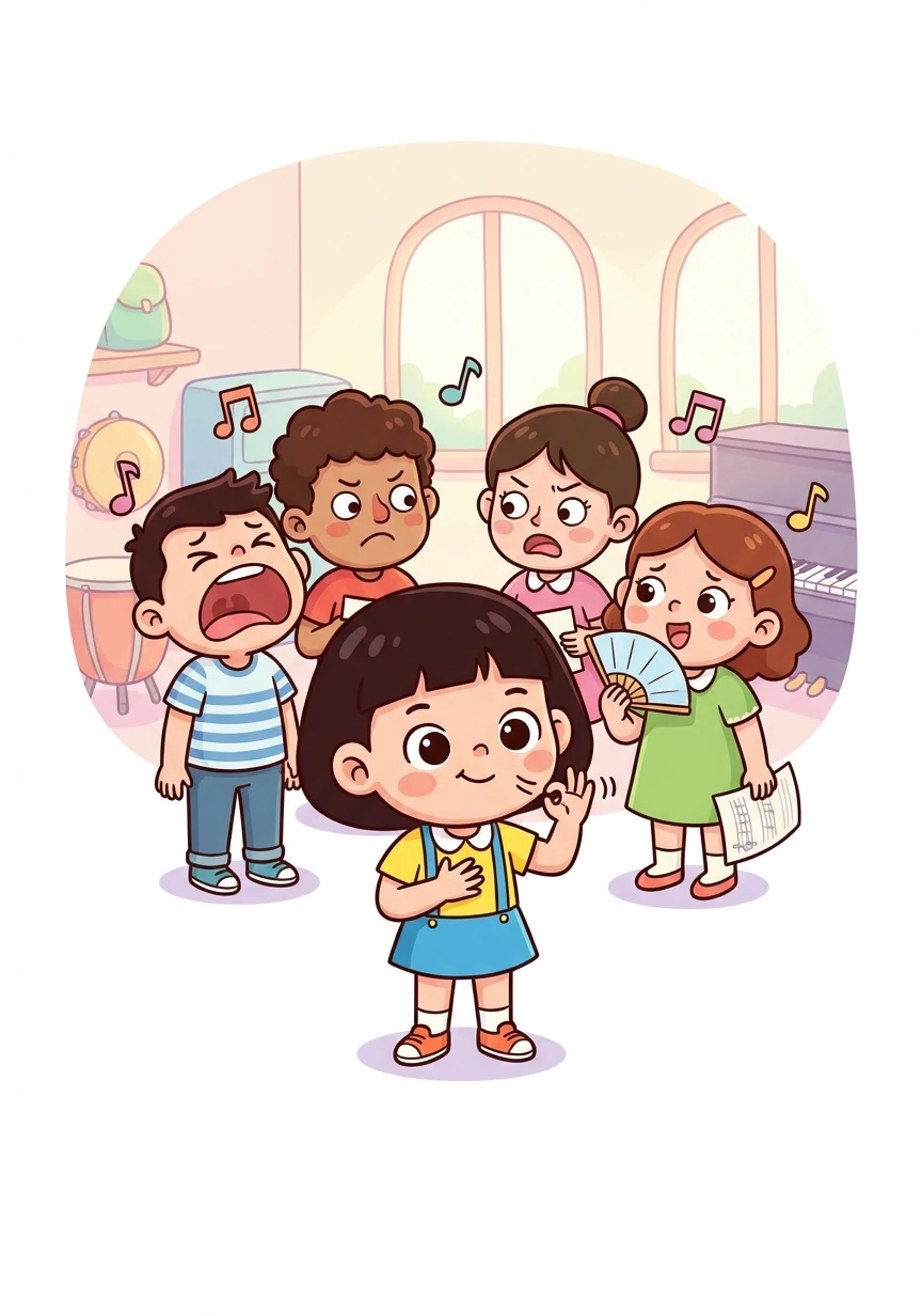 合唱团遇到了一个小小的难题,歌曲中有一段高音部分,大家总是唱不上去。小乐默默地观察着,突然,她想到了一个办法,建议大家尝试用不同的呼吸方式来调整音调。