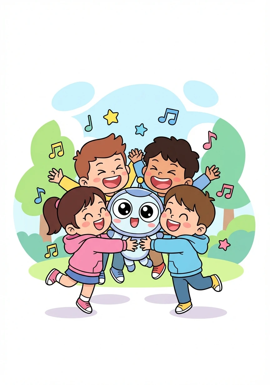 在小乐的帮助下,孩子们终于克服了高音部分的难题,他们的歌声更加动听了。大家兴奋地拥抱在一起,庆祝着共同的进步。小乐也感受到了前所未有的快乐和成就感。