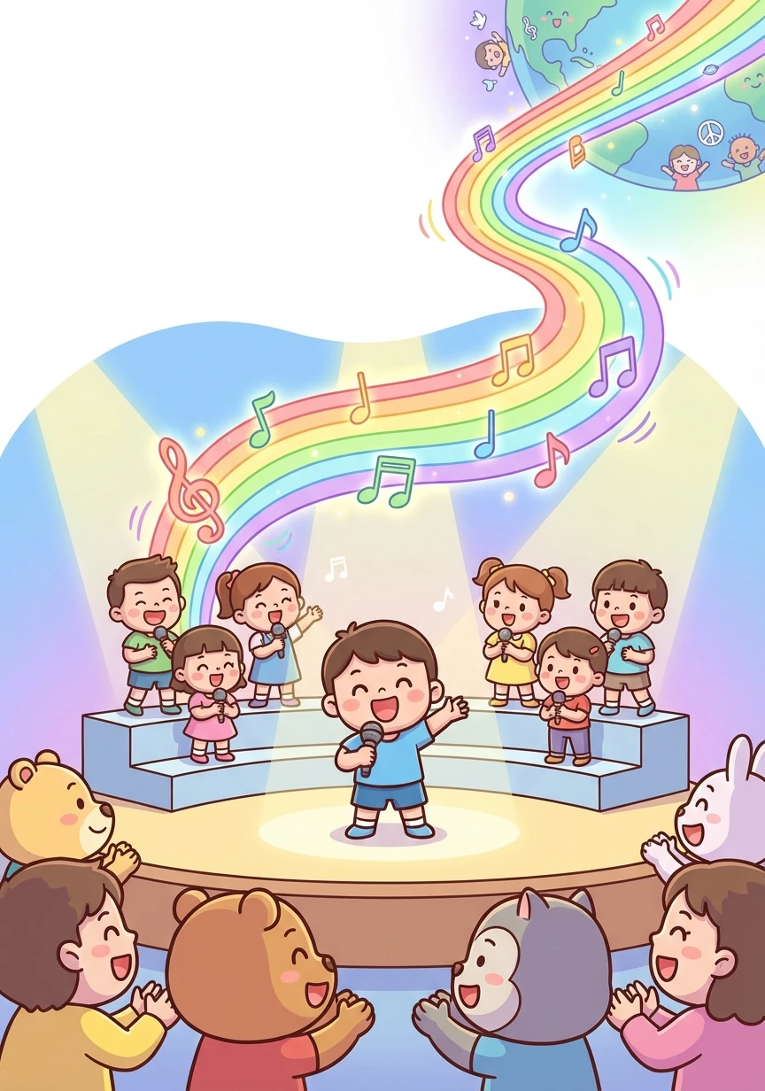 小星星合唱团的演出开始了,舞台上灯光闪耀,孩子们用充满热情和友谊的歌声感动了在场的每一位观众。他们的歌声飞向远方,传递着爱与和平,照亮了整个世界。