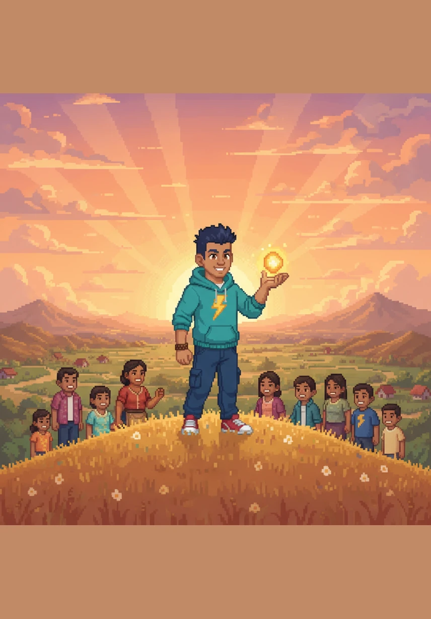 Standing atop a golden hill at sunrise, Milo looked out over the landscape where his journey began. With a heart full of gratitude and a glowing light of faith in his hand, he knew that no dream was too high to reach.