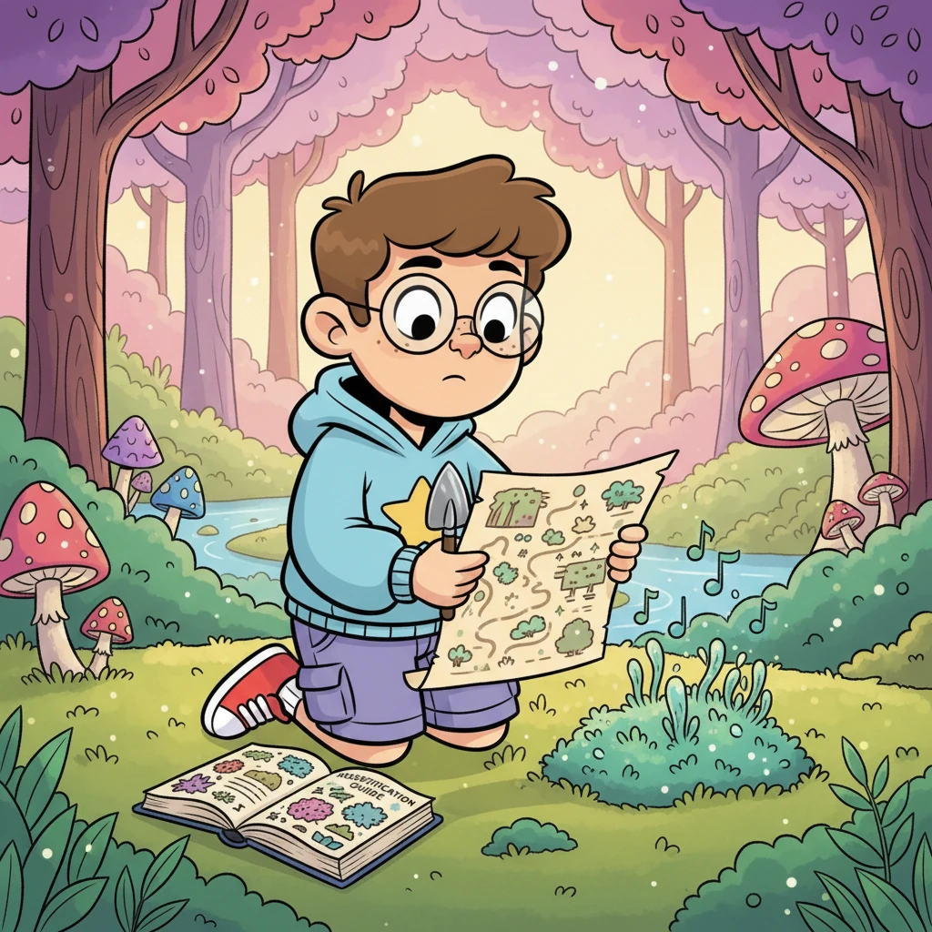 Meanwhile, in another part of the forest, Gus, a gentle boy with spectacles perched on his nose, carefully charted a map. He carried a special moss-identification guide and a small trowel, meticulously searching for the rare, singing varieties. His focus was absolute, his passion for peculiar flora unmatched.