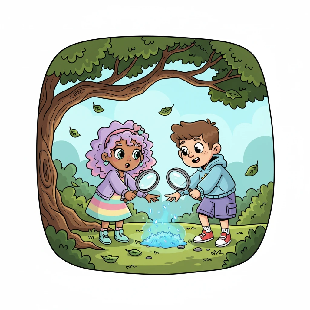 One breezy afternoon, both Maeve and Gus spotted a faint, ethereal glow beneath an ancient oak. They simultaneously reached for the same patch of iridescent, sapphire-blue moss. Their hands brushed, and their eyes met in surprise, each holding a magnifying glass.