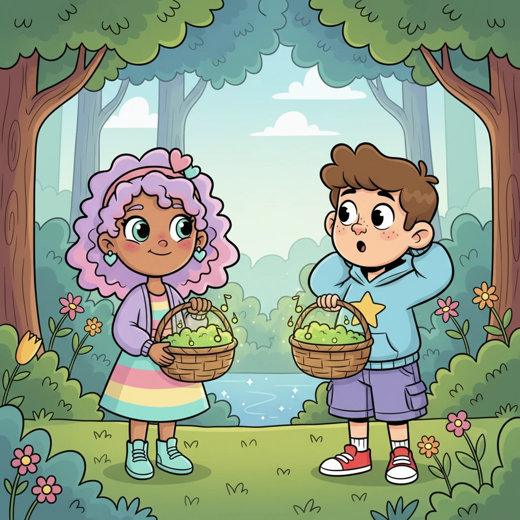 A blush spread across Maeve's cheeks as Gus stammered an apology, his own moss-basket swinging gently. They looked at each other's collections, their eyes widening with recognition and delight. "You collect singing moss too?" Maeve whispered, her voice full of wonder.