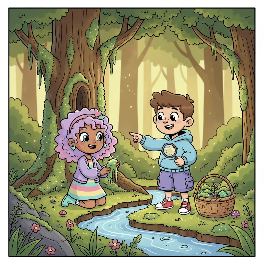 From that day on, Maeve and Gus became inseparable moss-hunting companions. They explored hidden glades and whispered secrets of their latest finds. Gus taught Maeve about different species, and Maeve showed Gus the best spots for sparkly, dew-kissed specimens.