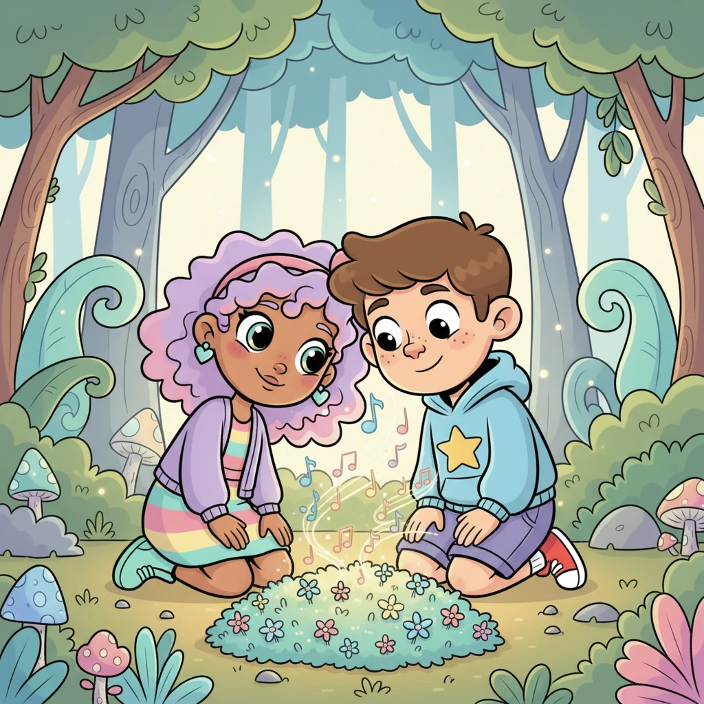 As they knelt beside the Moonpetal Moss, its gentle tune filled the air, creating a magical moment. Maeve leaned her head softly against Gus's shoulder, both captivated by the beauty they had discovered together. A silent understanding, deeper than words, bloomed between them.