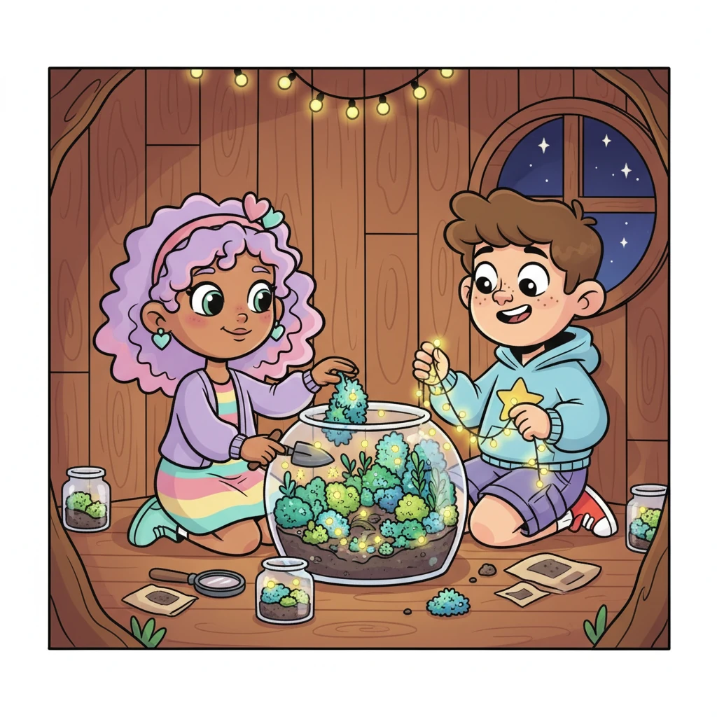 Back in Maeve's cozy treehouse, they carefully arranged their entire collection into a magnificent "Mossarium." Tiny lights twinkled among the vibrant greens and blues, creating a miniature glowing forest. Each unique moss told a story of their shared expeditions.
