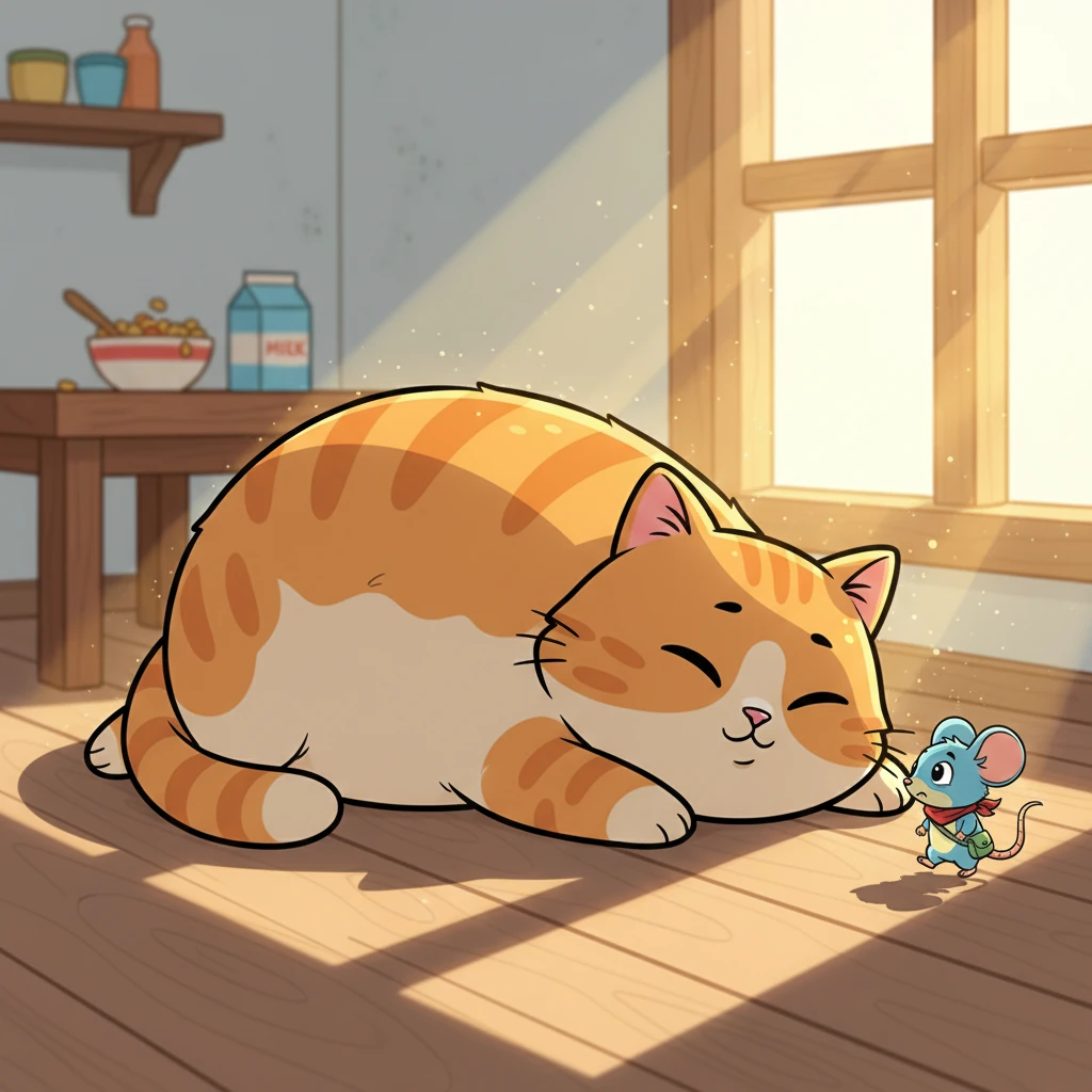 Golu, a giant, fluffy cat, is sprawled across a sunny kitchen floor, snoozing blissfully. Her enormous belly rises and falls with each gentle snore, and a tiny smile plays on her whiskered face. Sunlight streams through a window, highlighting her soft, orange fur and making the scene feel warm and peaceful.
