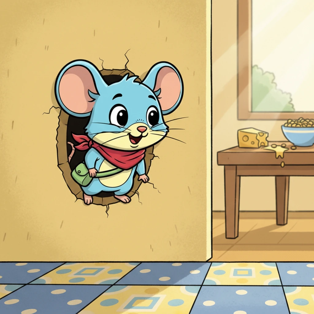 From a tiny hole in the wall, a small, bright-eyed mouse named Chinku peeks out. He has big, curious ears and a long, twitchy tail. Chinku's whiskers wiggle with excitement as he surveys the kitchen, his tiny paws ready for adventure.