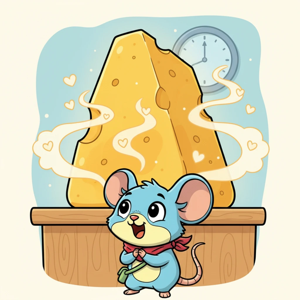 Chinku's eyes widen with delight as he spots a magnificent, golden-yellow block of cheese resting on the counter. It's enormous, practically a mountain of deliciousness, and smells absolutely irresistible. His little mouse heart beats with anticipation, dreaming of a cheesy feast.