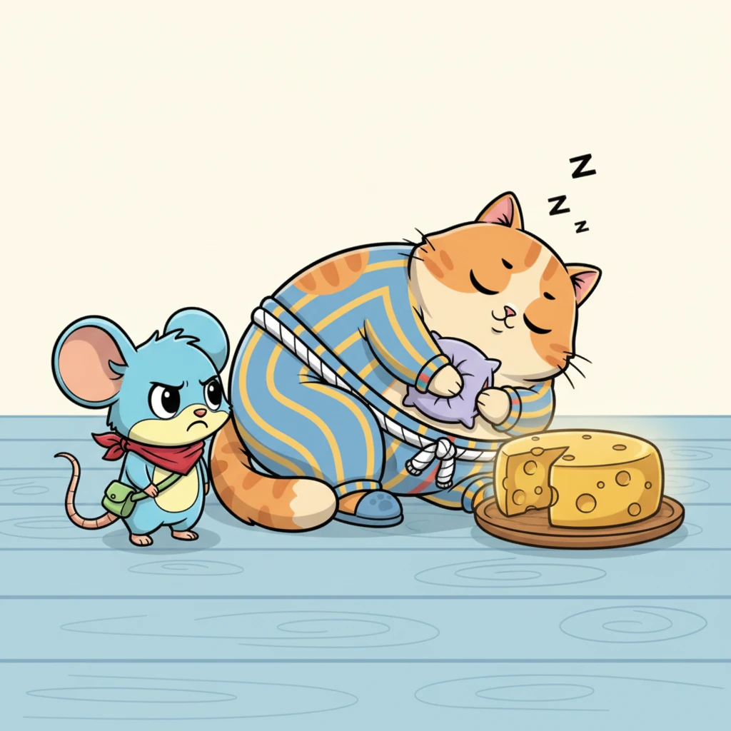 Unfortunately for Chinku, Golu the cat is sleeping directly between him and the glorious cheese. Her massive form, with paws tucked in and tail softly curled, creates an unmovable obstacle. Chinku looks at the sleeping giant, then back at the cheese, a tiny frown on his expressive face.