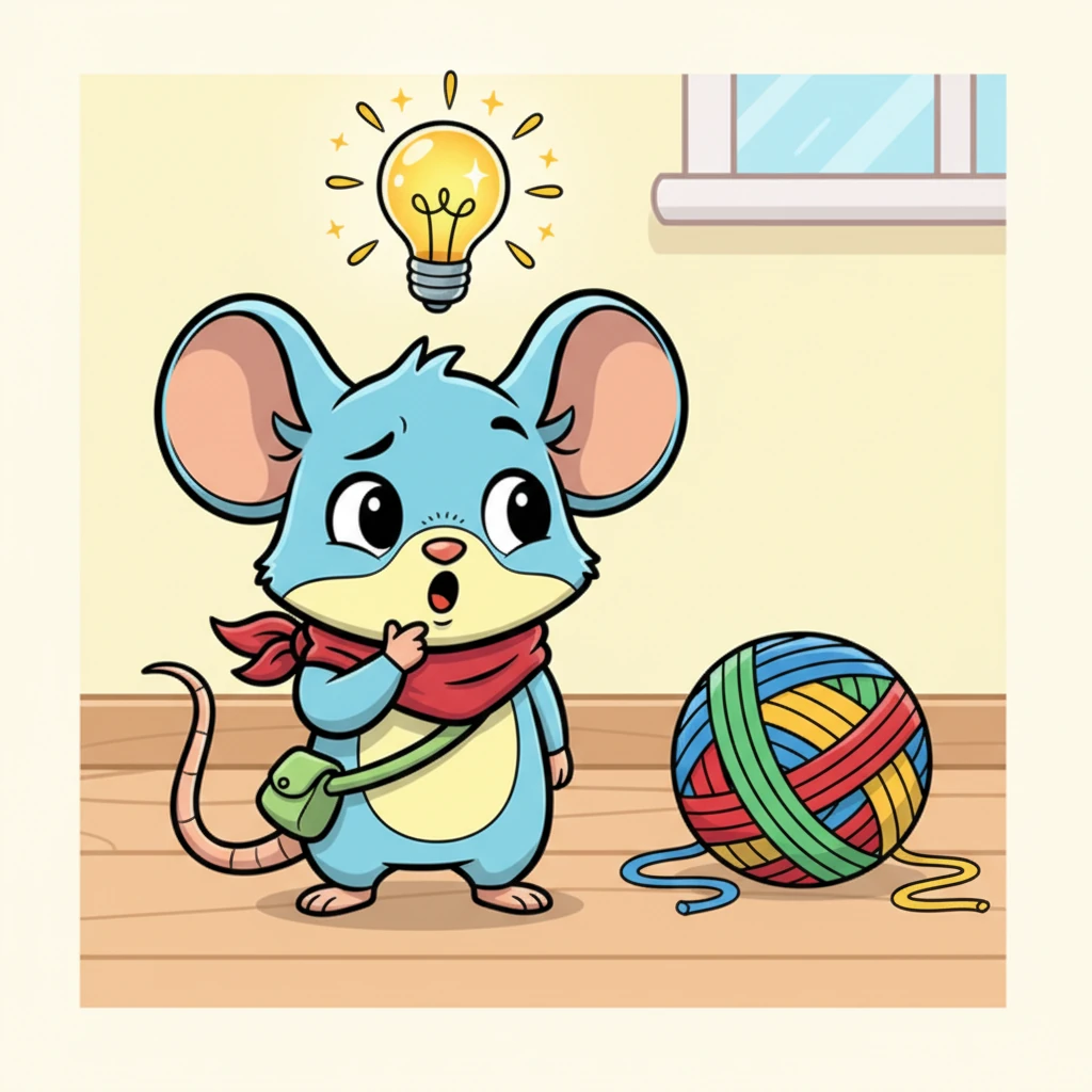 Chinku puts a tiny paw to his chin, deep in thought. His brow furrows, then suddenly, his eyes sparkle! A brilliant idea pops into his head, marked by a playful cartoon lightbulb appearing above him. He spots a colorful ball of yarn nearby.