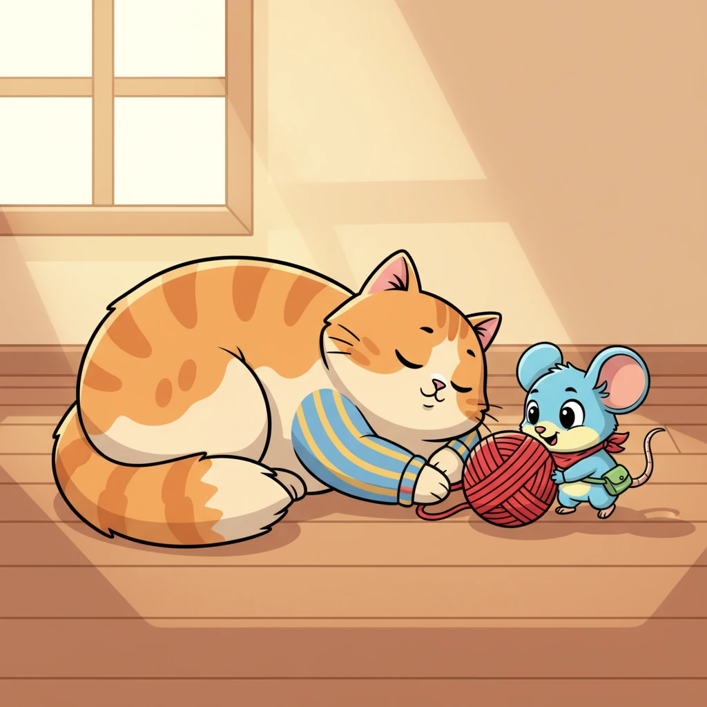 With incredible stealth, Chinku tiptoes across the floor, pushing a vibrant red ball of yarn towards Golu's sleeping form. He carefully nudges it right next to Golu's long, fluffy tail, his tiny nose twitching with concentration.