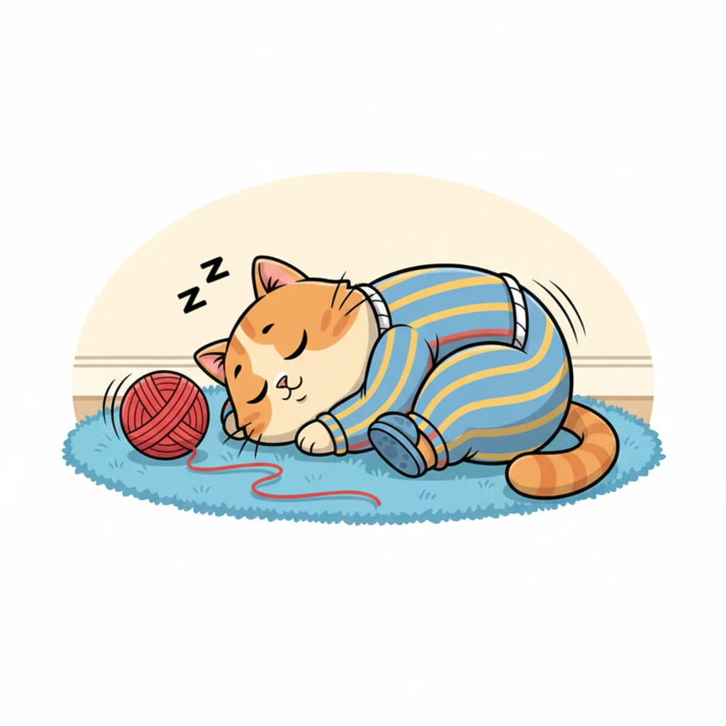 In her deep slumber, Golu gives a contented sigh and lazily twitches her tail. Just a gentle flick, but it's enough! The red ball of yarn wobbles, then slowly begins to roll away, a playful trail of string unwinding behind it.