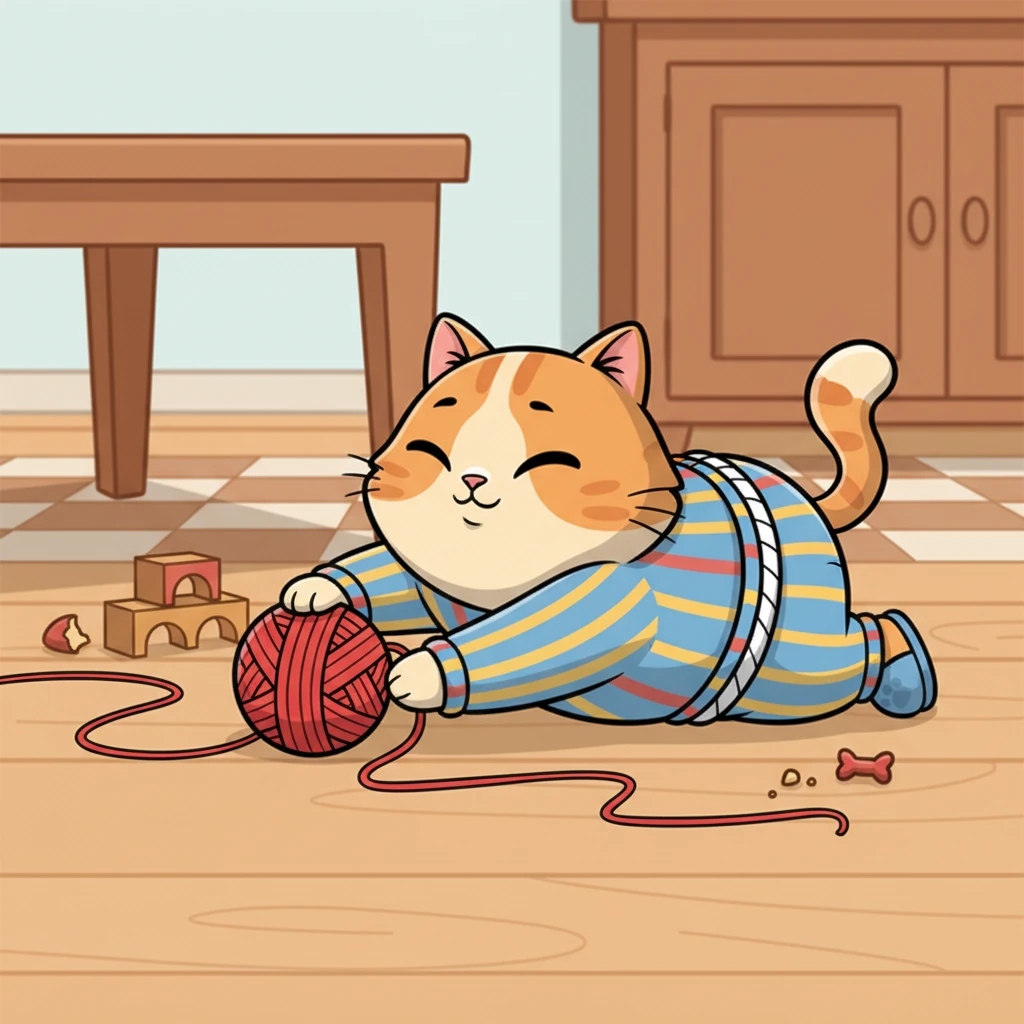 Golu's ears perk up slightly, and her eyes, still mostly closed, follow the rolling yarn. A sleepy grin spreads across her face as she thinks it's a fun dream. With an exaggerated stretch, she starts to playfully bat at the yarn, chasing it in her half-asleep state across the kitchen floor.