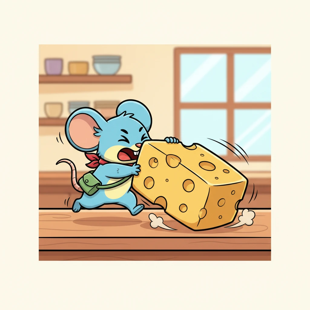 Seizing the perfect moment, Chinku races towards the counter with lightning speed. He uses all his strength to push the giant cheese, which tumbles down with a soft thud. Chinku then grabs a corner of the cheese, his tiny muscles flexing with determination.