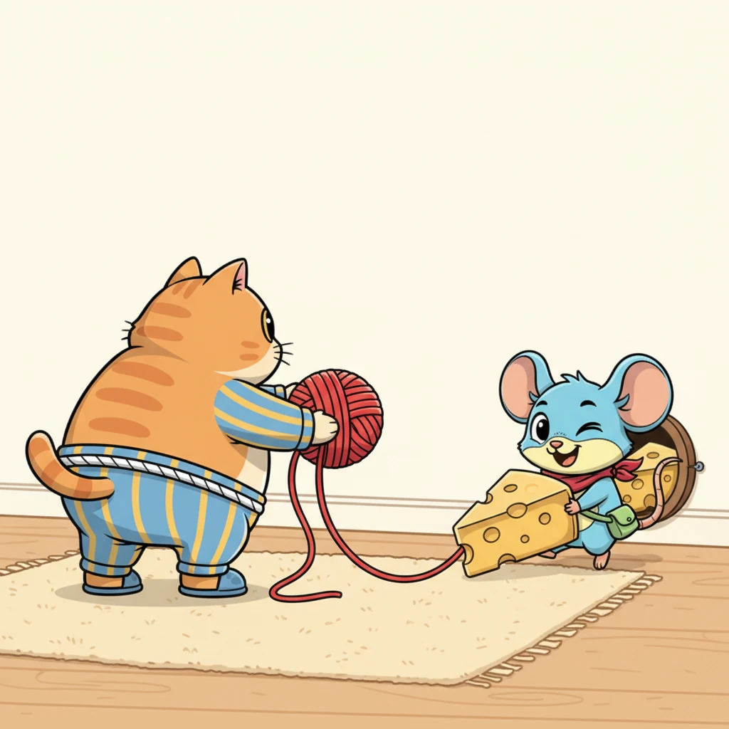 Chinku triumphantly scurries back to his cozy hole, dragging the magnificent cheese behind him. Meanwhile, Golu is still playfully batting at the yarn, completely oblivious to the daring cheese heist. Chinku winks from his safe haven, a true champion of cleverness.