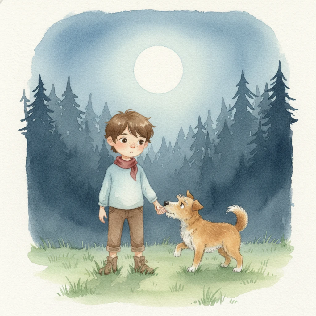 One moonlit evening, Bingo grew restless, nudging Eli with his nose and whimpering softly. He pulled gently on Eli's sleeve, his eyes fixed on the dark, inviting silhouette of the forest, urging his friend to follow.