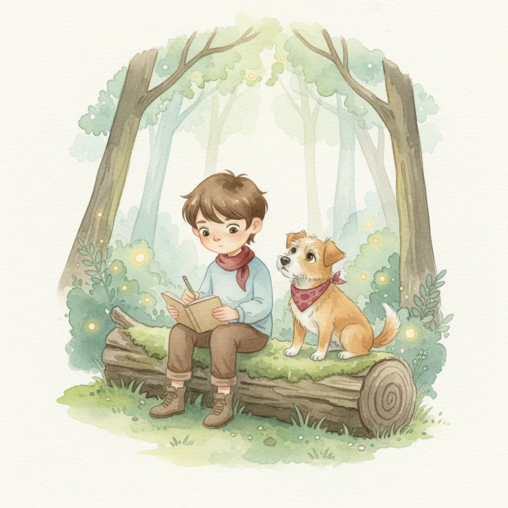 Eli, with Bingo patiently beside him, sat on a mossy log, sketching ideas in a small notebook. He realized that even small actions could make a big difference, and he began to formulate a plan to help the ailing woods.