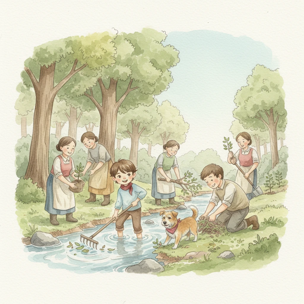 Inspired by Eli's unwavering belief and Bingo's quiet insistence, the villagers eventually joined together, clearing the stream and planting new saplings. Laughter and determined chatter replaced the forest's sad murmurs as they worked.