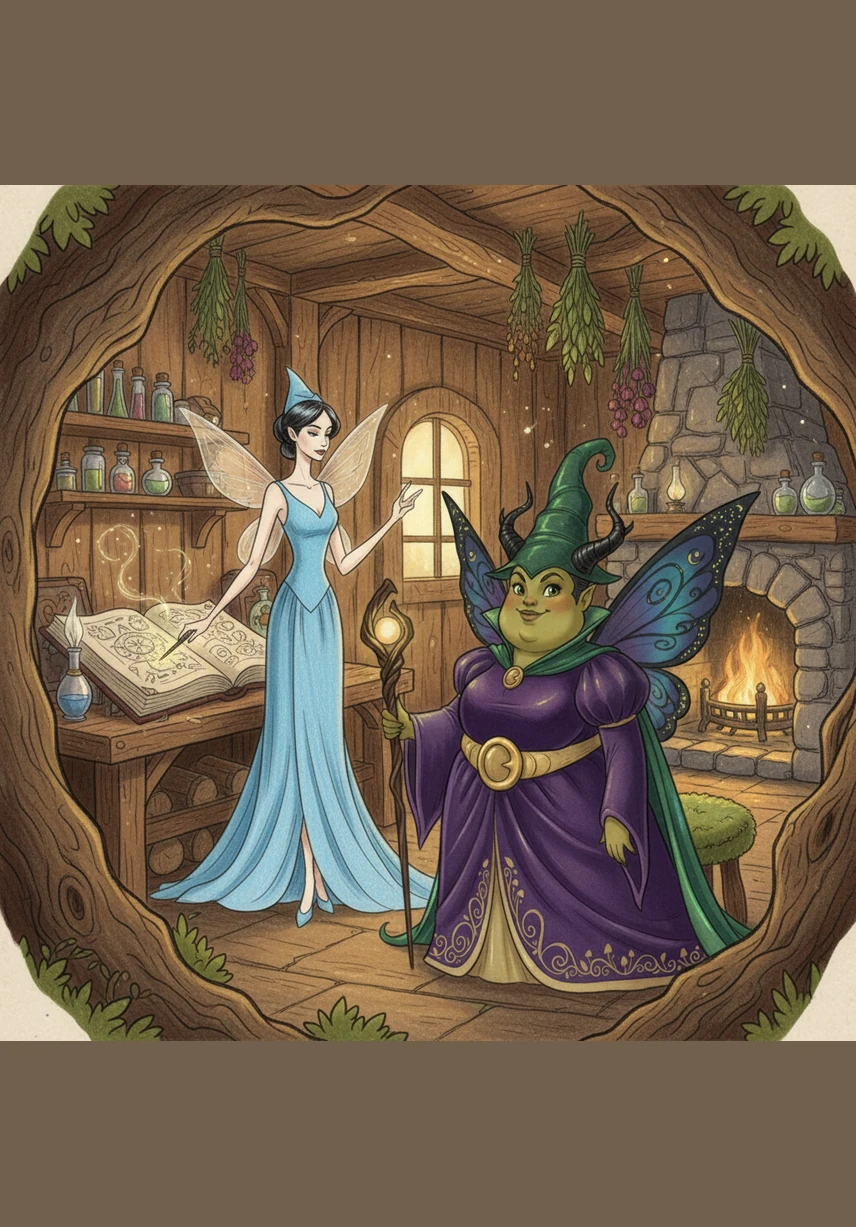 In a cottage hidden by ancient oaks, two unique fairies prepared for the royal gala. Malvina was short and pleasantly round, her purple robes cinched with a golden belt, while Merra stood tall and willow-thin, her blue gown flowing like a waterfall. They were as different as the moon and the sun, yet both possessed magic beyond measure.