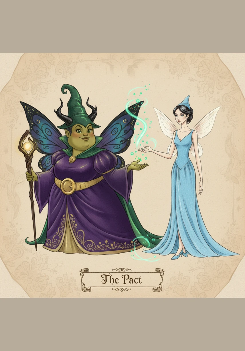 Malvina struggled to adjust her heavy velvet cloak, which tended to bunch up around her stout frame. Nearby, Merra moved with effortless grace, her long limbs making even the simplest task of polishing her wand look like a sophisticated dance. Merra checked her reflection in a tall mirror, admiring her own striking beauty and slender silhouette.