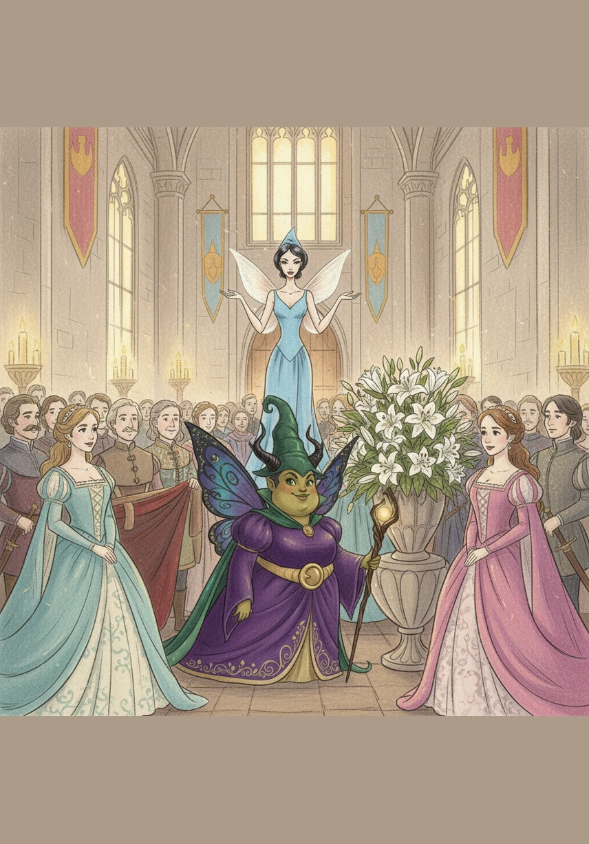 The duo arrived at the grand castle, where the air was thick with the scent of lilies and celebration. Merra’s height allowed her to see over the entire crowd, her head held high as she greeted the nobles with a regal nod. Malvina, however, found herself weaving through the legs of the guests, occasionally getting lost behind large floral arrangements.