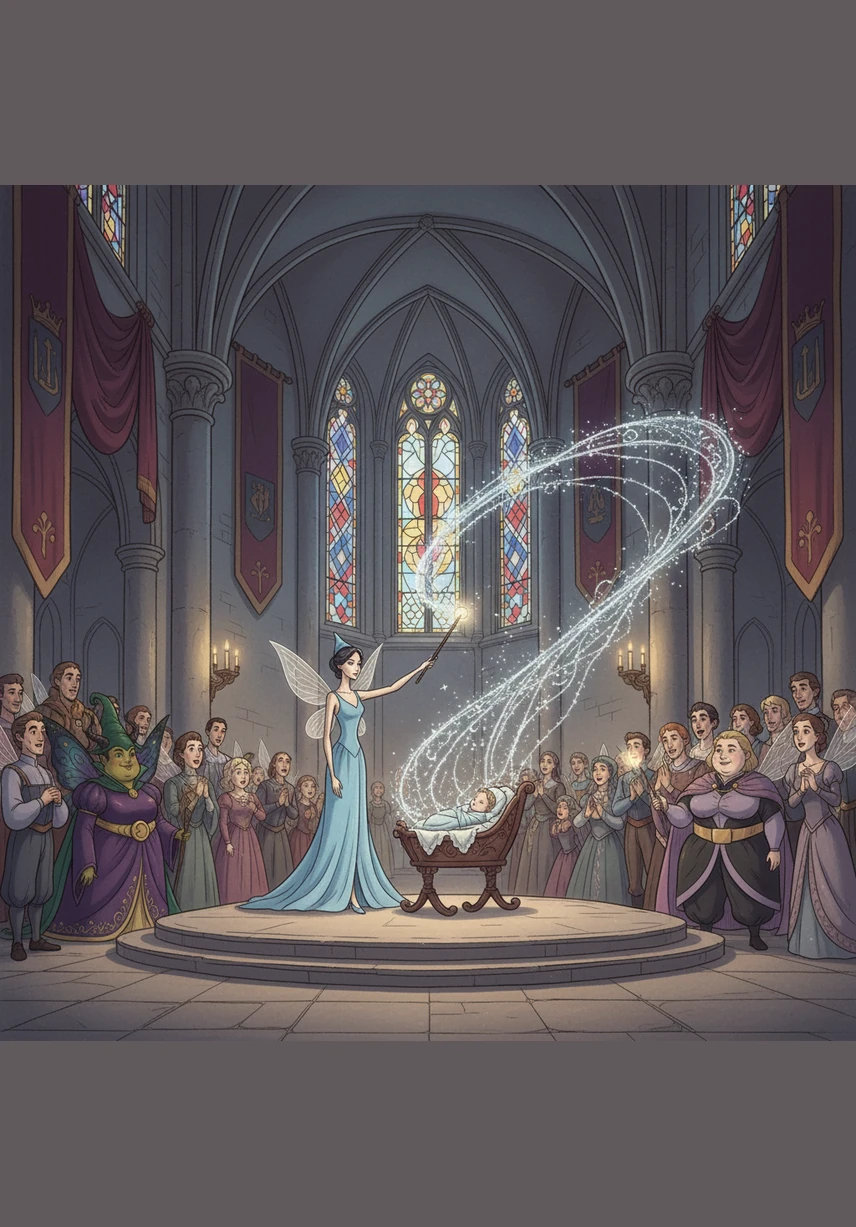 When it was time to bestow gifts upon the newborn princess, Merra stepped forward first with a flourish of her long, elegant wand. She granted the child the gift of poise, her magic shimmering like silver thread in the air. The crowd gasped at the beauty of the spell and the fairy who cast it.