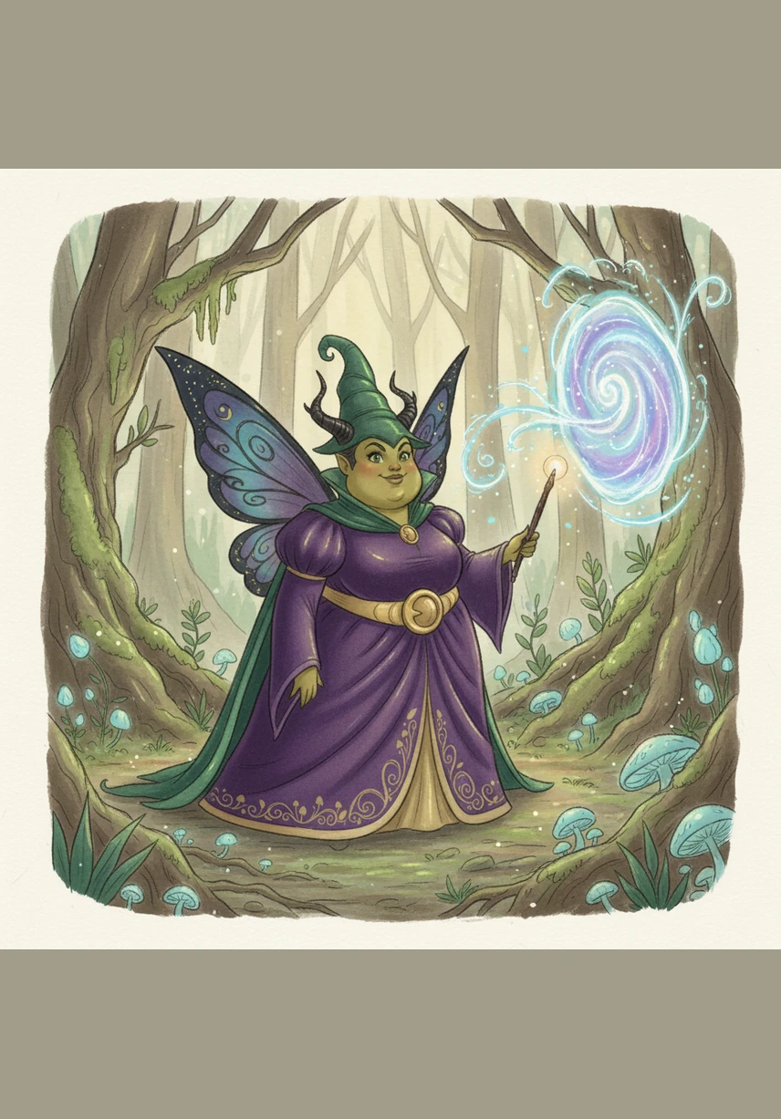 Malvina stepped up next, puffing out her round chest and waving her short, sturdy wand with great enthusiasm. She intended to grant the gift of laughter, but her magic surged with such warmth that it manifested as a mountain of enchanted, sparkling cupcakes. The room was suddenly filled with the sweet aroma of sugar and joy.