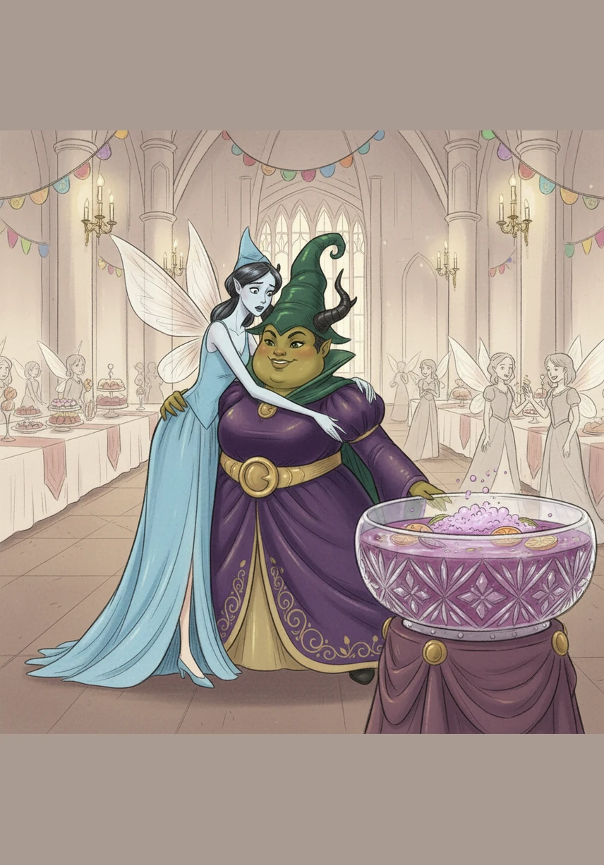 Before Merra could tumble into a giant bowl of punch, Malvina moved with surprising speed, her low center of gravity making her as steady as a rock. She caught the tall fairy in her sturdy arms, preventing a royal disaster. Merra looked down at her short friend, realizing that being tall didn't always mean being stable.