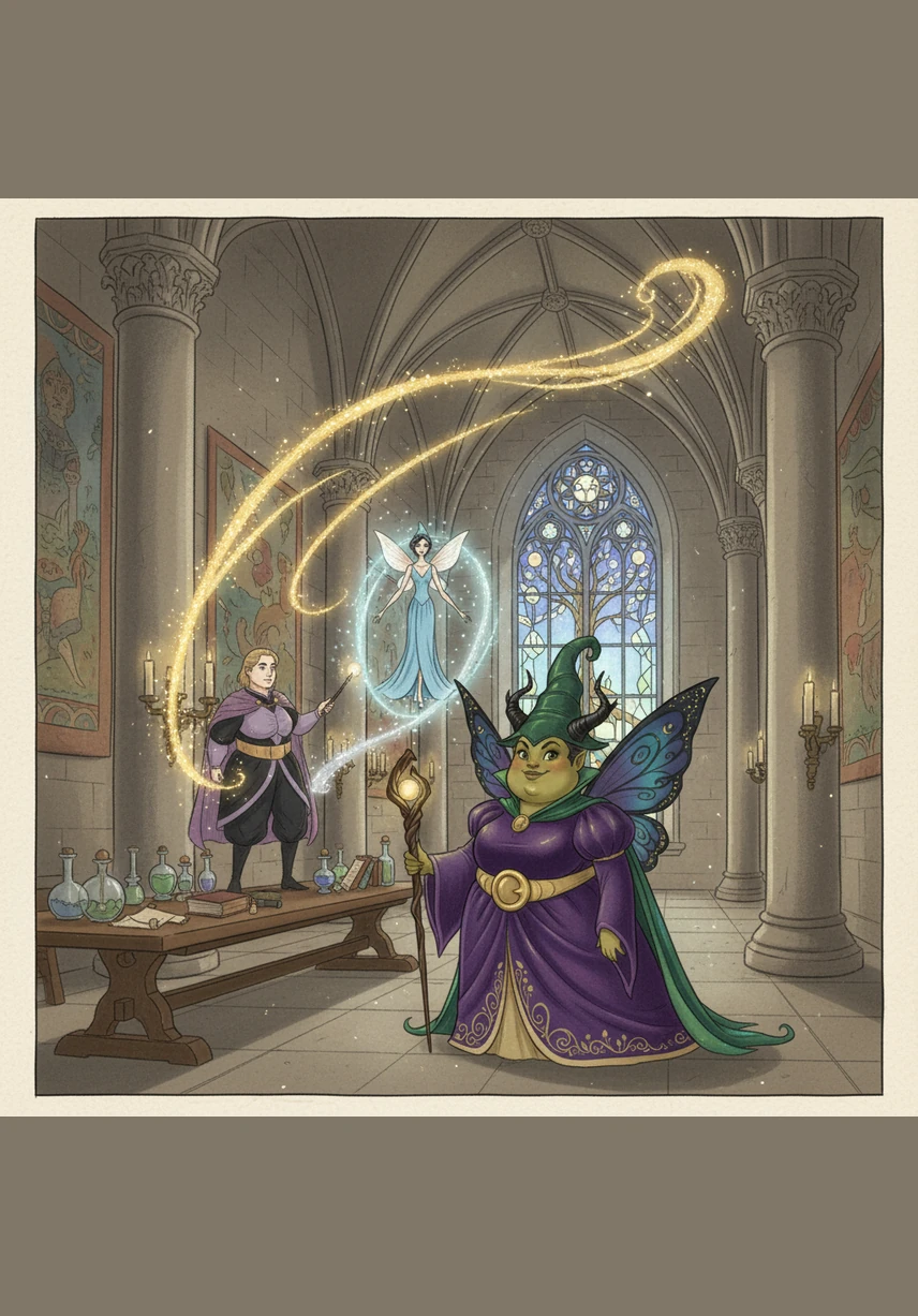 Together, they cast a spell that turned the cupcakes into floating lanterns that illuminated the high rafters and the low corners alike. The King and Queen marveled at the display, realizing that magic was most beautiful when it came in different shapes and sizes. Malvina’s jolly spirit and Merra’s refined elegance had saved the day.