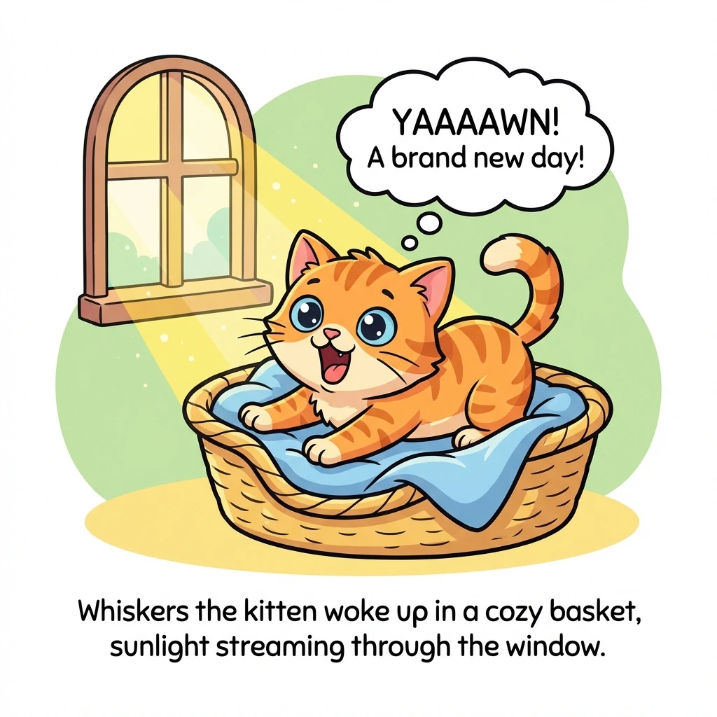 Whiskers the kitten woke up in a cozy basket, sunlight streaming through the window. He stretched his paws and yawned, ready for a brand new day.