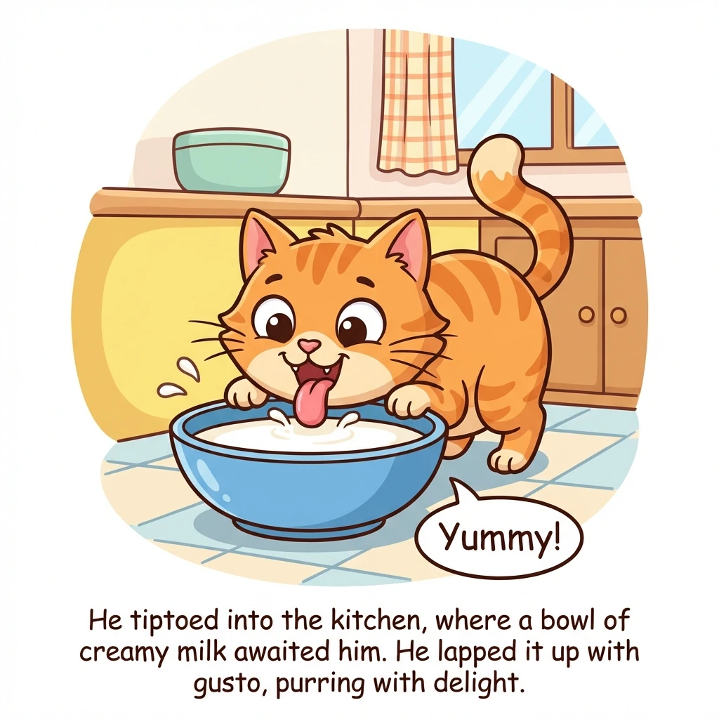 He tiptoed into the kitchen, where a bowl of creamy milk awaited him. He lapped it up with gusto, purring with delight.