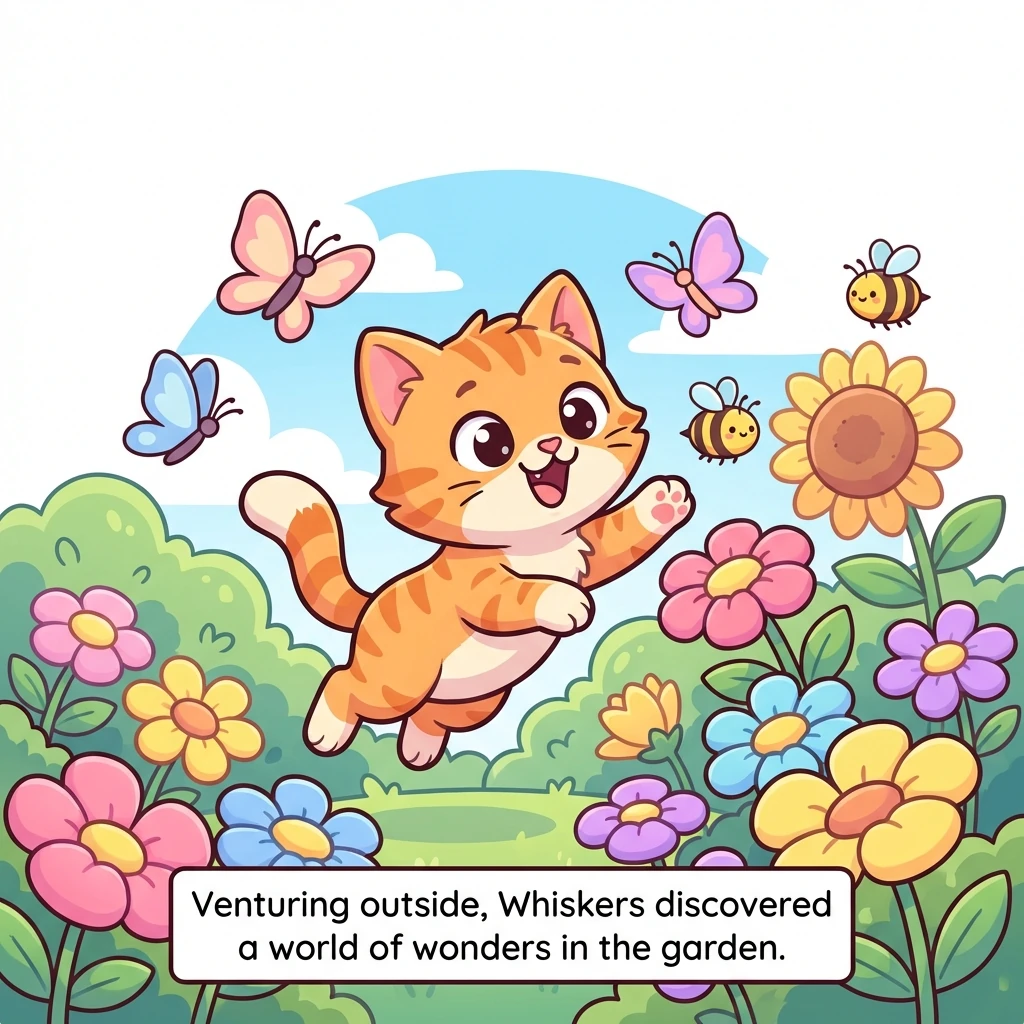 Venturing outside, Whiskers discovered a world of wonders in the garden. Butterflies fluttered among the flowers, and bees buzzed busily.
