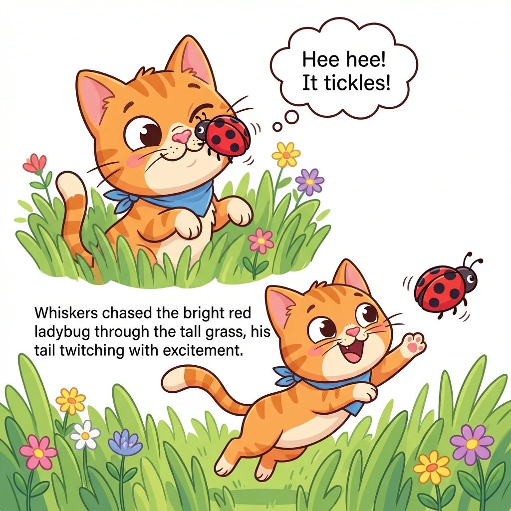 A bright red ladybug landed on his nose, tickling him. Whiskers chased it through the tall grass, his tail twitching with excitement.