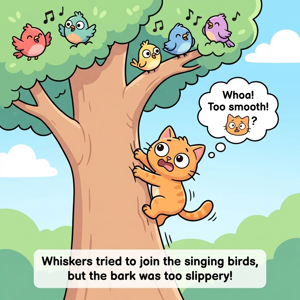 He spotted a group of birds singing in a tree. He tried to climb up to join them, but the bark was too slippery.