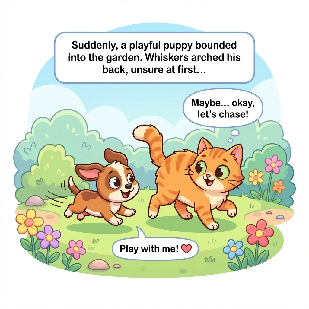 Suddenly, a playful puppy bounded into the garden. Whiskers arched his back, unsure at first, but soon they were chasing each other in circles.